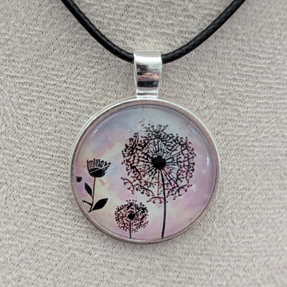 Elegant Silver and Pink Dandelion Pendant Necklace